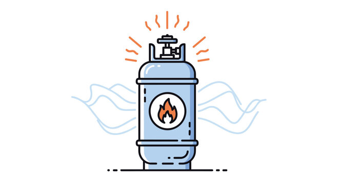 Illustration of a pressurized gas cylinder or propane tank with a fire symbol and vapor lines indicating a potential gas leak.