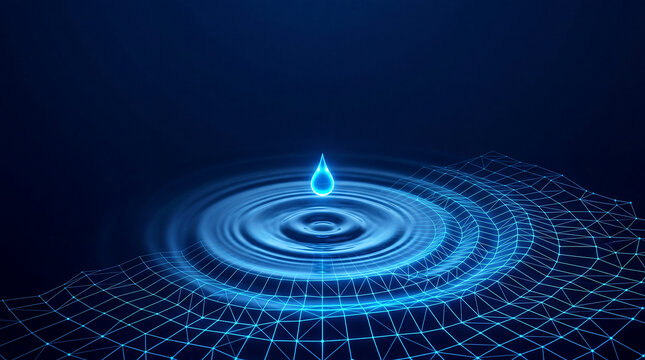 Concept of digital network showing water surface ripples morphing into glowing blue wireframe grid on dark background