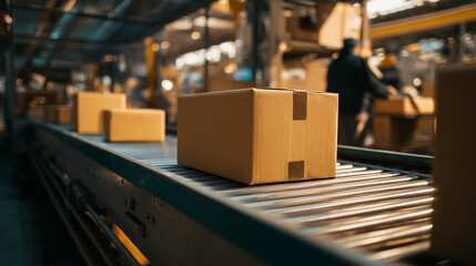 Fototapeta premium Cardboard box on industrial conveyor belt with warehouse workers in safety helmets and vests creating modern logistics and distribution center production scene