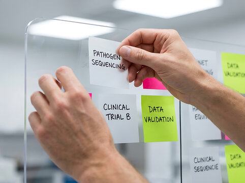 Scientist's hands meticulously arranging research project notes on a transparent board for strategic data validation and clinical trial planning