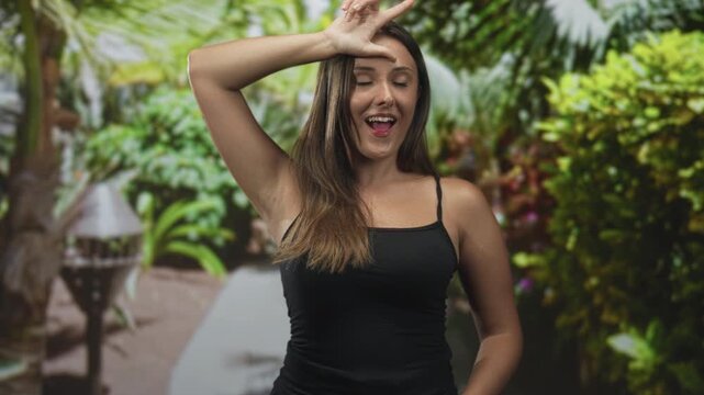 Woman exposes armpit while forming an l shape with hand to forehead in studio wearing black tanktop and smiling broadly; playful mischief.
