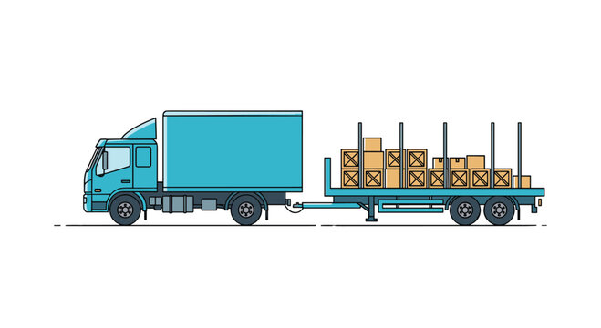 Large blue cargo truck pulling a long flatbed trailer loaded with multiple brown wooden crates for logistics transport.
