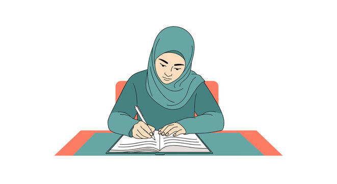 A Muslim woman wearing a hijab studying at a desk with a book