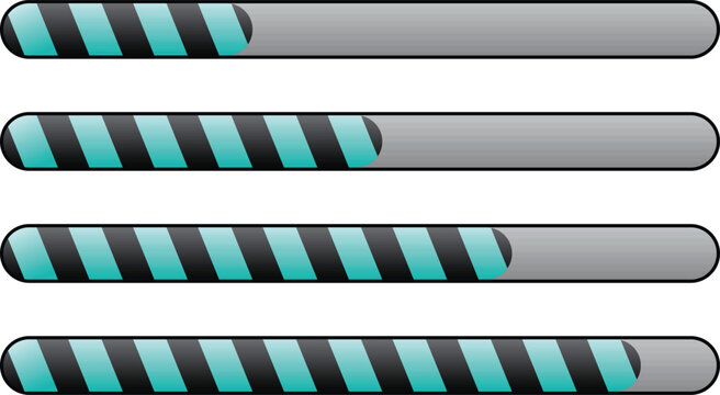 Striped teal loading progress bar set with metallic background. Modern UI status indicators showing different completion levels. Clean web and app interface elements for progress tracking.
