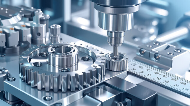 Precision inspection of metal gear with measuring probe for quality control in manufacturing