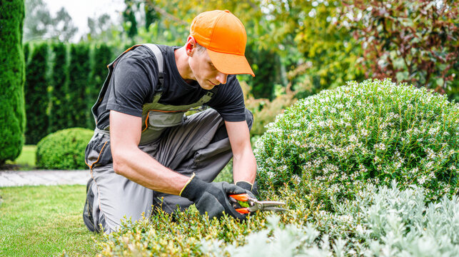Gardener trims plants with shears in a landscaped garden during afternoon hours