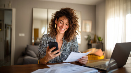 Fototapeta premium Woman sits at home table checking bills on smartphone while smiling during daytime