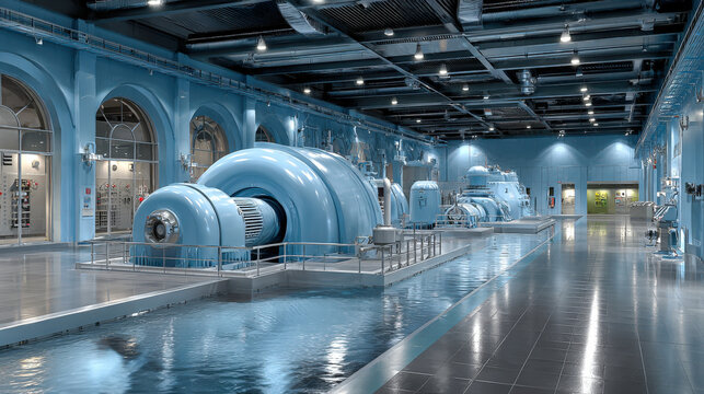 Water flows through hydroelectric turbines in modern dam structure for energy generation