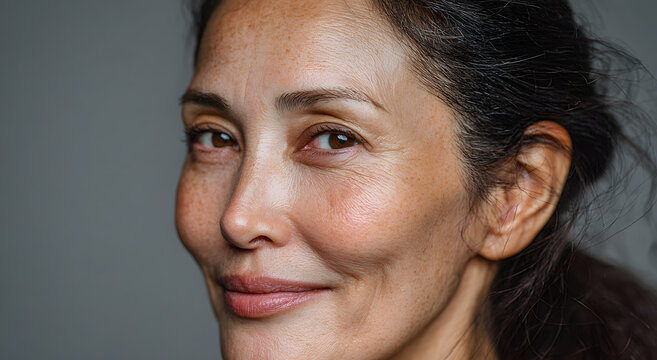 Natural beauty portrait of a middle-aged Asian woman with healthy skin. Simple gray background