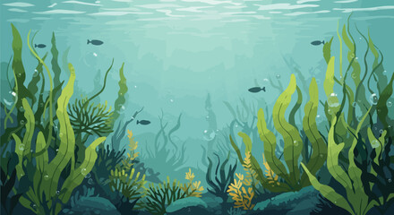 Fototapeta premium Underwater Ocean Scene with Kelp Forest and Small Fish