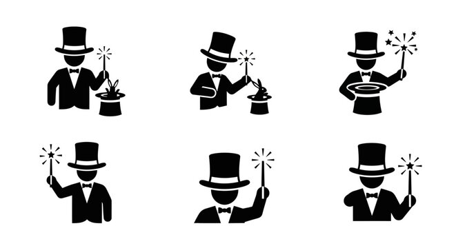 Magic Show Icons: Magician in Top Hat Performing Tricks with Wand and Hat