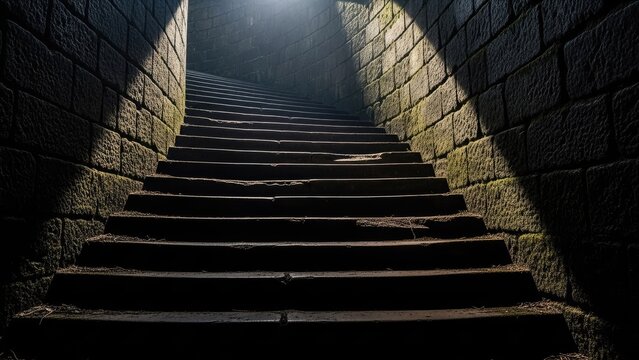 A dark staircase leads up to a beam of light in a stone passageway