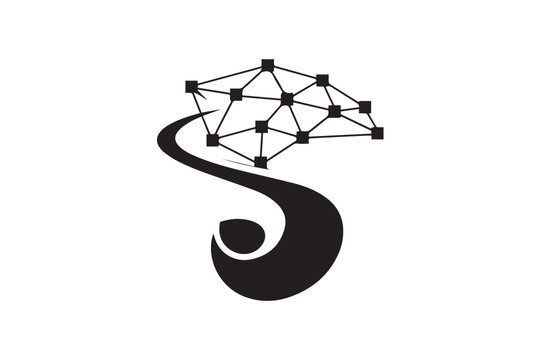 Abstract letter s formed by interconnected network of squares representing brain and technology concepts on white background.