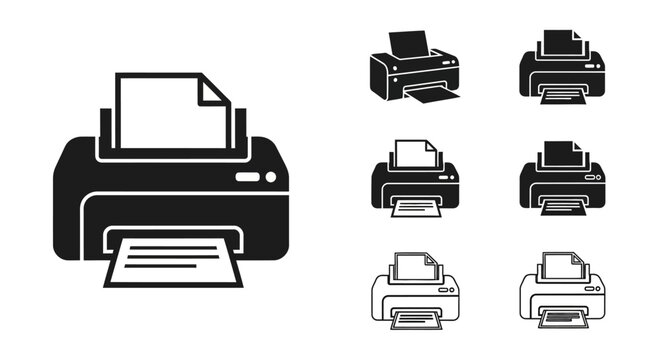 Printer Icon Set: Modern Office Equipment for Printing Documents and Graphics