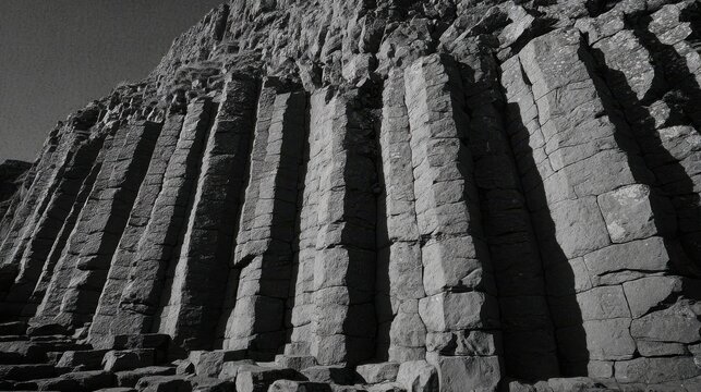 Naturally formed hexagonal basalt columns create a striking geological pattern on a rock face