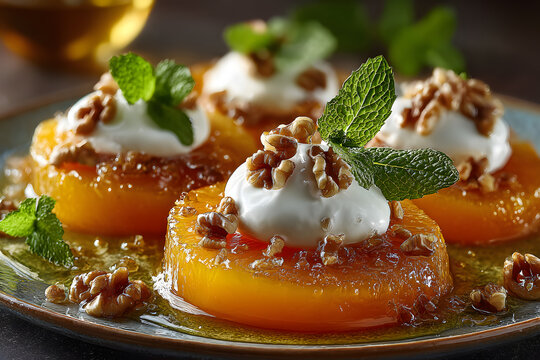 Traditional Turkish style quince dessert. The quince is cooked until soft, sherbet is poured on it, and served with cream and walnuts. It is one of the most popular Turkish desserts.(Ayva Tatlisi)