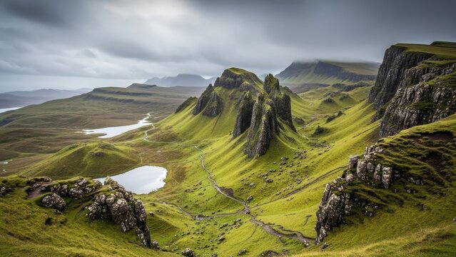 A dramatic landscape of green mountains and valleys under a cloudy sky