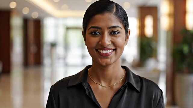 Professional South Asian woman smiling in corporate hotel lobby
