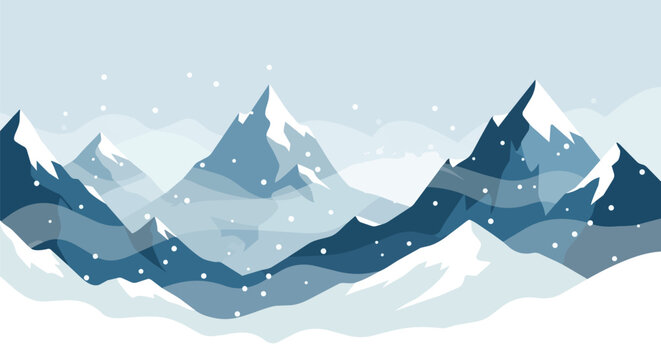 Winter mountain landscape with snow falling, stylized illustration