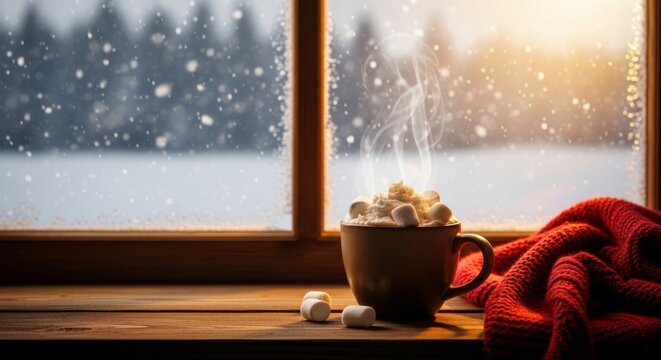 Steaming Hot Cocoa with Marshmallows by a Snowy Window