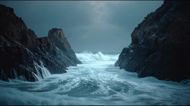 Powerful Ocean Waves Crashing Against Rugged Coastal Rocks Under Stormy Sky.
