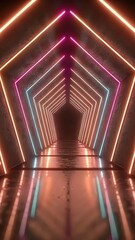 Fototapeta premium Futuristic neon pentagon tunnel with glowing orange and pink lights geometric