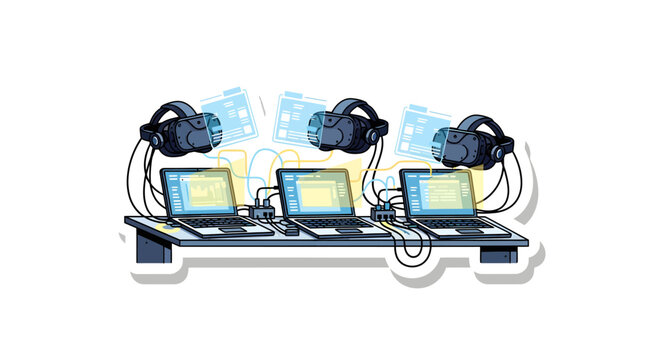 Virtual Reality Setup: Three Laptops Connected to VR Headsets for Immersive Digital Experiences and Gaming
