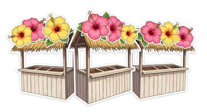 Tropical Tiki Market Stalls with Vibrant Hibiscus Flowers. Empty Wooden Booths Ready for Summer Beach Party or Hawaiian Luau Event.