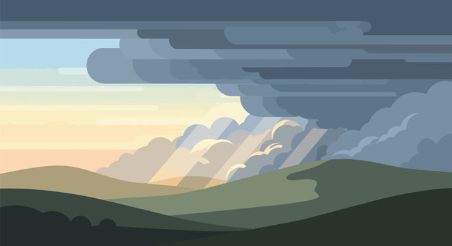 Dramatic Storm Clouds Over Rolling Hills at Sunset