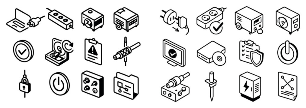Technology icons with plug battery charger isometric outline