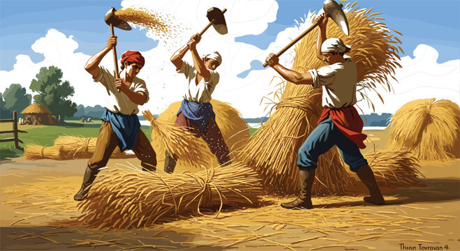 Traditional Wheat Threshing Scene with Workers Harvesting Grain by Hand in Rural Farm Field for Agriculture and Culture DesignsTraditional Wheat Threshing Scene with Workers Harvesting Grain by 