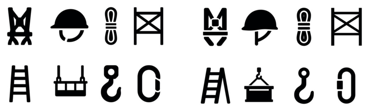 Construction safety icons with helmet ladder harness outline