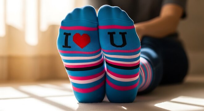 Comfortable feet expressing love with 'I Heart U' striped socks, bathed in warm sunlight on a cozy wooden floor
