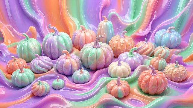 Soft shiny pastel gradient melting plastic liquid style pumpkins