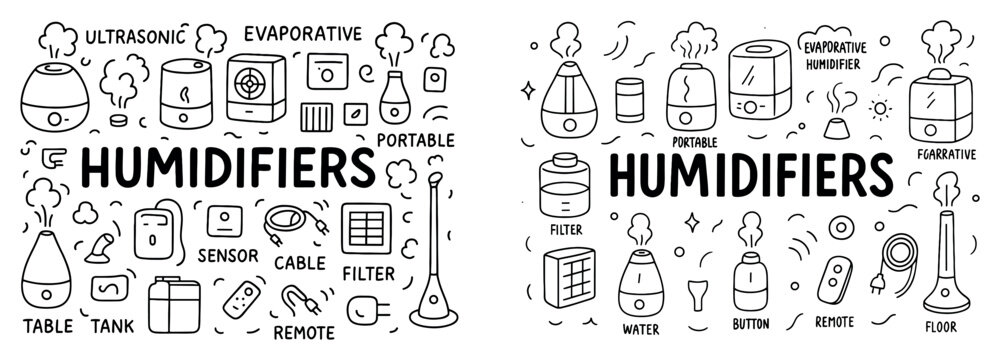 Humidifier icons with tank filter and remote handdrawn