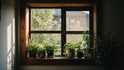 Fototapeta premium A serene indoor garden with potted plants on a window sill