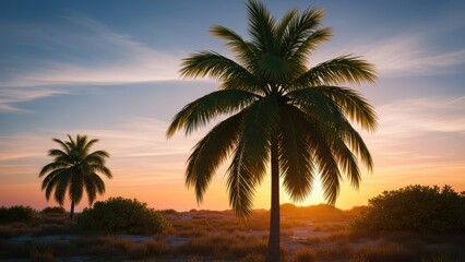Obraz premium A serene tropical landscape with palm trees at sunset on a beach