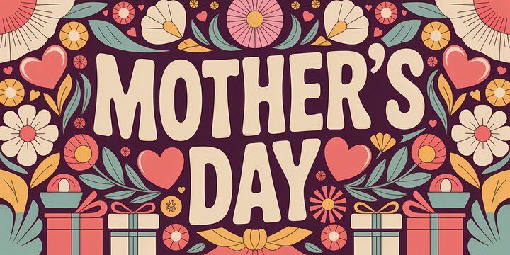 Happy Mother's Day Banner with Retro Floral and Heart Design