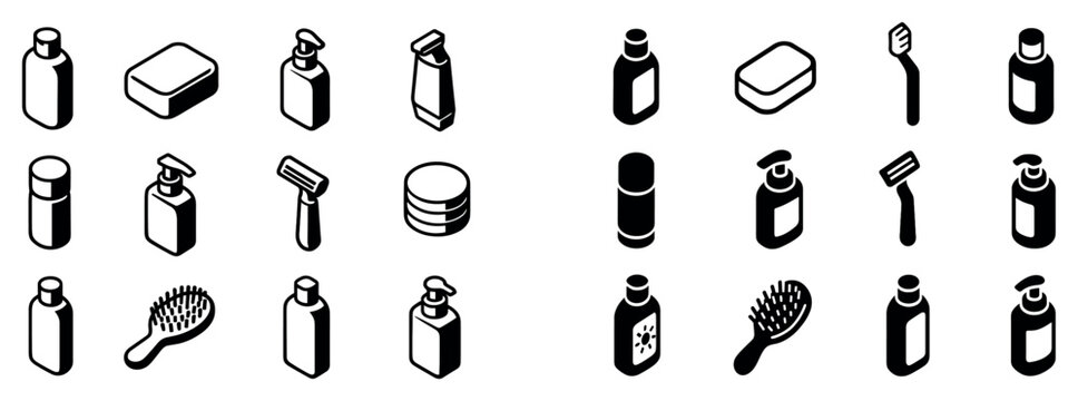 Toiletry icons with bottle pump toothbrush outline