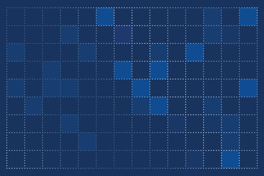 Abstract blue grid background with highlighted pixel blocks. Digital matrix pattern for data visualization or technology interface design. Modern geometric layout with square cells and subtle gradient