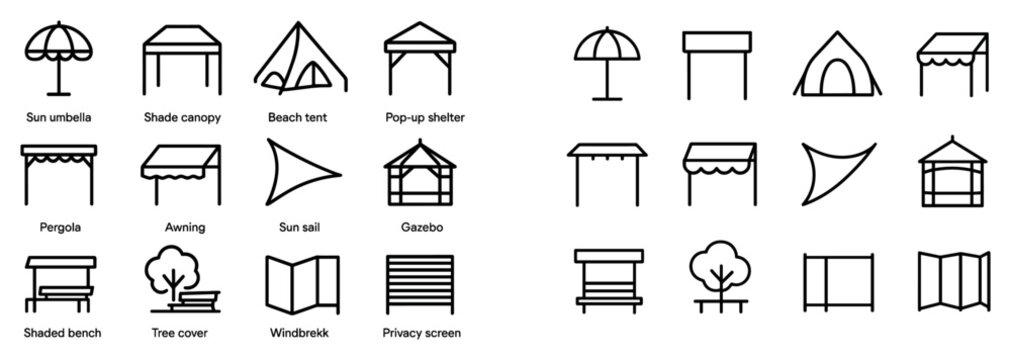 Outdoor icons with umbrella bench tent outline
