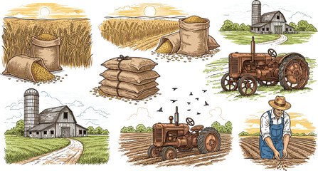 Vintage Farm and Rural Life Scene Set with Hay Bales, Barn, Tractor, and Farmer for Agriculture, Country, and Harvest Designs Vintage Farm and Rural Life Scene Set with Hay Bales, Barn, Tractor, and  © Md