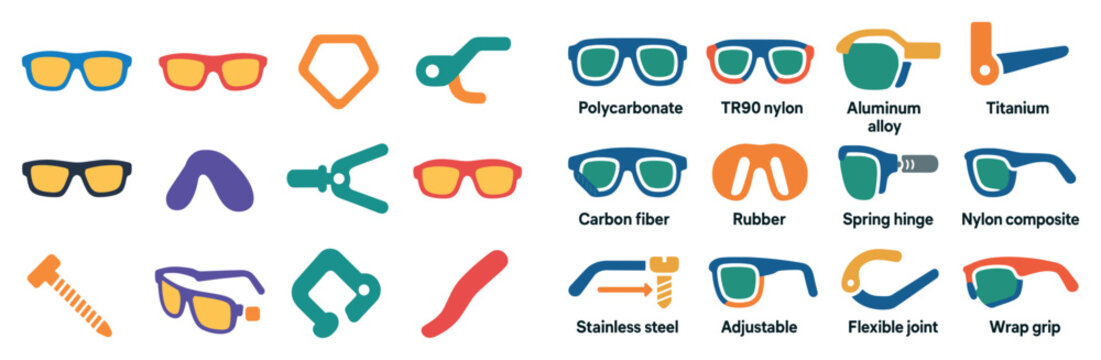 Eyewear icons with frame hinge temple colorful