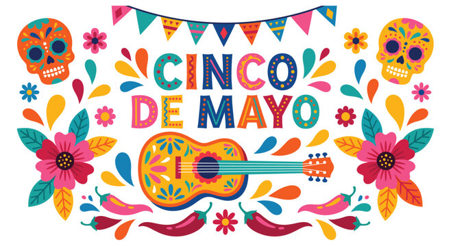 Colorful mexican holiday celebration illustration. Traditional guitar surrounded by chili peppers and marigold flowers. Vibrant banner with confetti and skulls for cultural festival party.