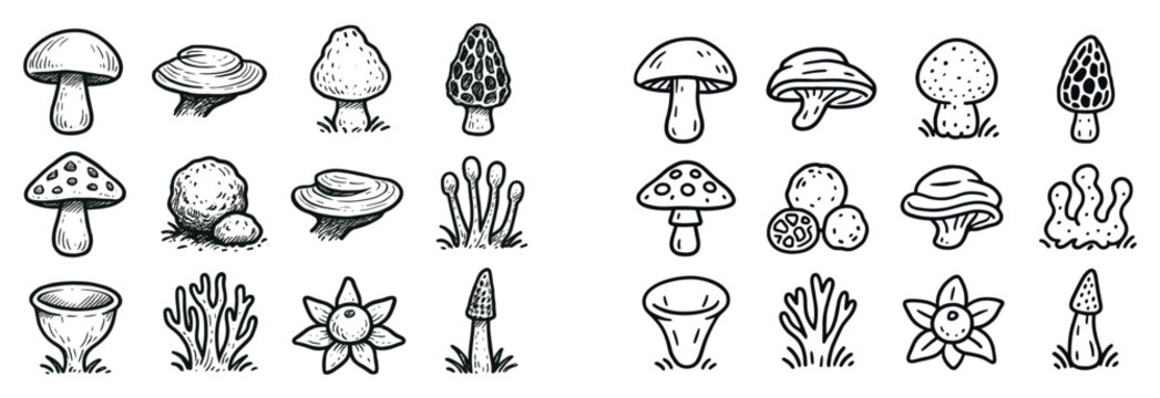 Nature icons with mushroom cap stem sketch