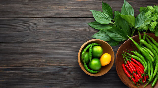 Freshly picked green and red chili peppers, limes, a yellow lemon, and aromatic herbs arranged on a dark wooden surface creating a vibrant culinary display.