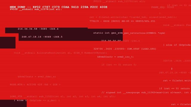 Digital screen interface simulates a memory dump through corrupted hexadecimal code and glitching black bars for a cybersecurity failure scene.