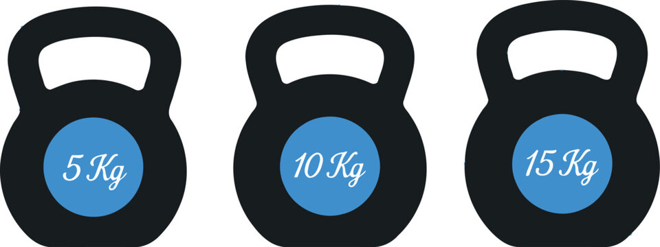 Kettlebell set with weight markers 5kg 10kg and 15kg minimalist fitness icons.