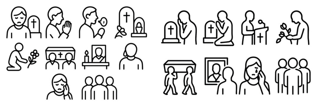 Funeral icons with coffin tombstone mourner outline