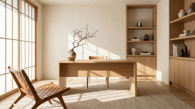 Minimalist Japandi Home Office Interior with Light Oak Desk, Woven Leather Chair, and Shoji Screen Doors. Zen Aesthetic Workspace with Natural Sunlight, Pottery Decor, and Modern Wooden Shelving.